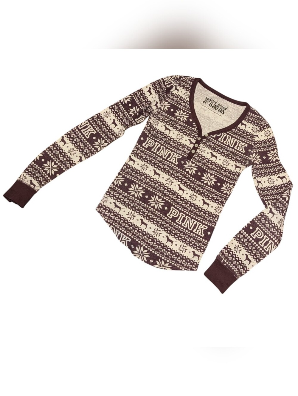 VS Pink Victoria's Secret Y2K Henley Long Sleeve Top Fair Isle Dog Maroon XS